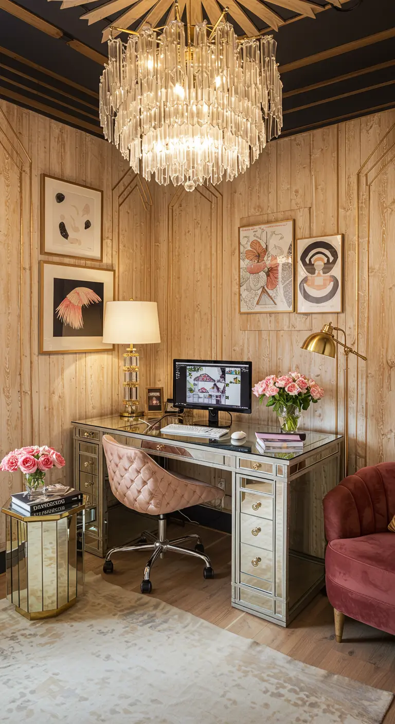 Bureau en miroir glamour avec une chaise de bureau rose capitonnée et un lustre en cristal.