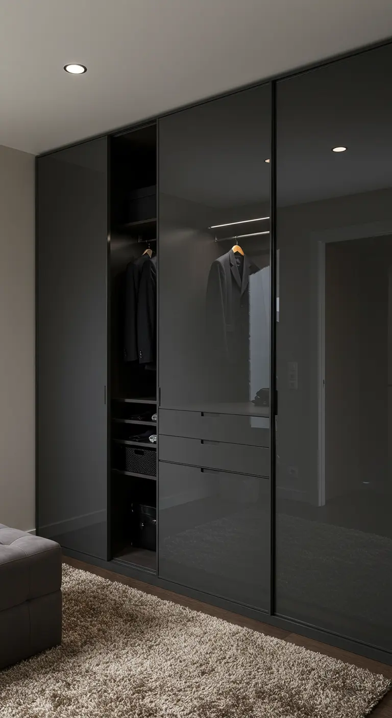 Dressing design avec portes coulissantes laquées noires très brillantes.