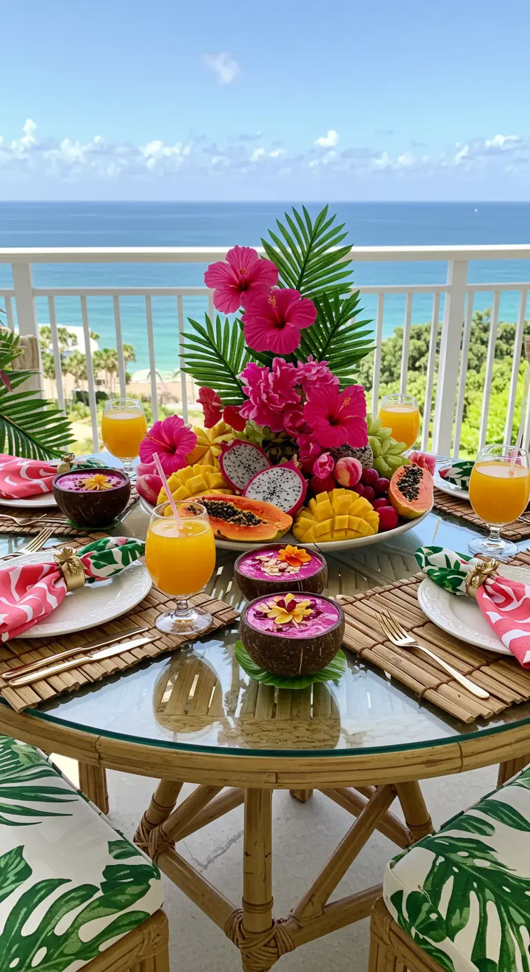 Brunch tropical sur un balcon avec vue sur mer, décoré de fleurs d'hibiscus.