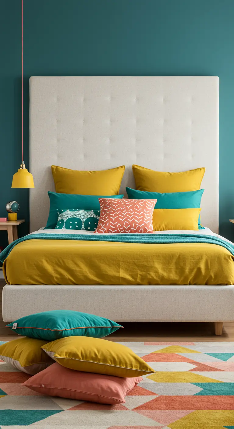 Tête de lit crème avec des coussins et une parure de lit colorées.