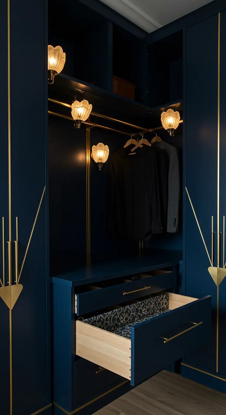 Dressing bleu nuit avec tringles et appliques murales dorées de style Art Déco.