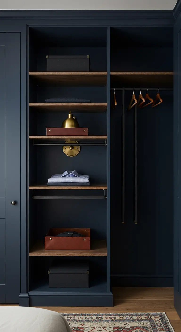 Dressing bleu marine sophistiqué avec étagères en bois et détails en laiton.