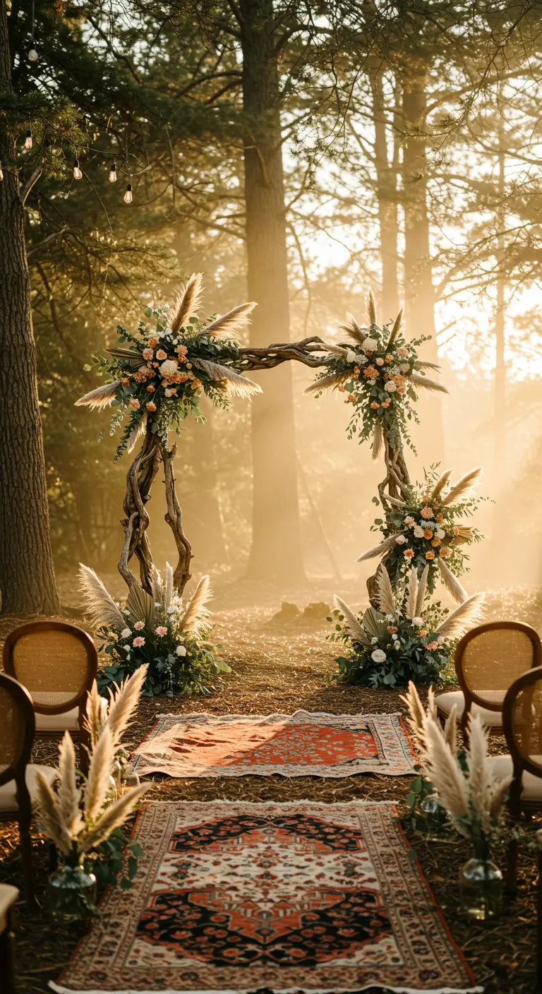 Arche de mariage bohème avec branches, pampa et tapis persans dans une lumière dorée.