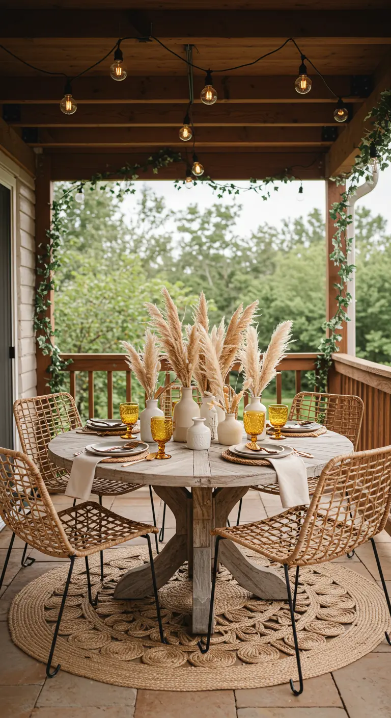 Table de brunch sur une terrasse avec un centre de table en herbe de la pampa dans des vases blancs.