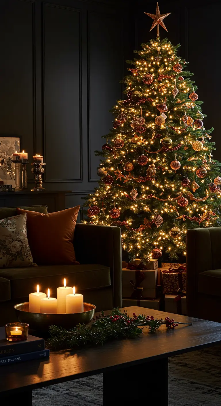Sapin de Noël très lumineux dans un salon aux murs sombres avec des bougies allumées.