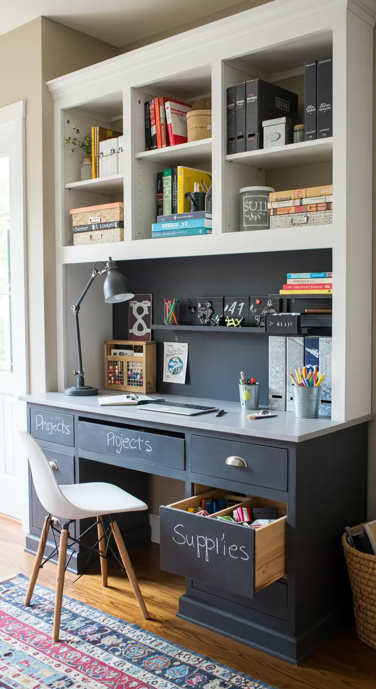 Bureau gris foncé avec des façades de tiroirs peintes à l'ardoise et étiquetées à la craie.