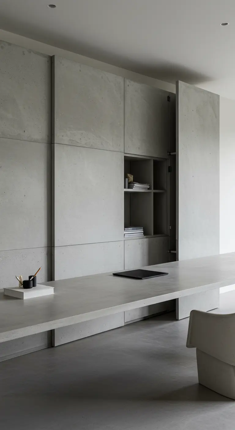 Bureau et rangements muraux avec une finition en béton ciré gris.