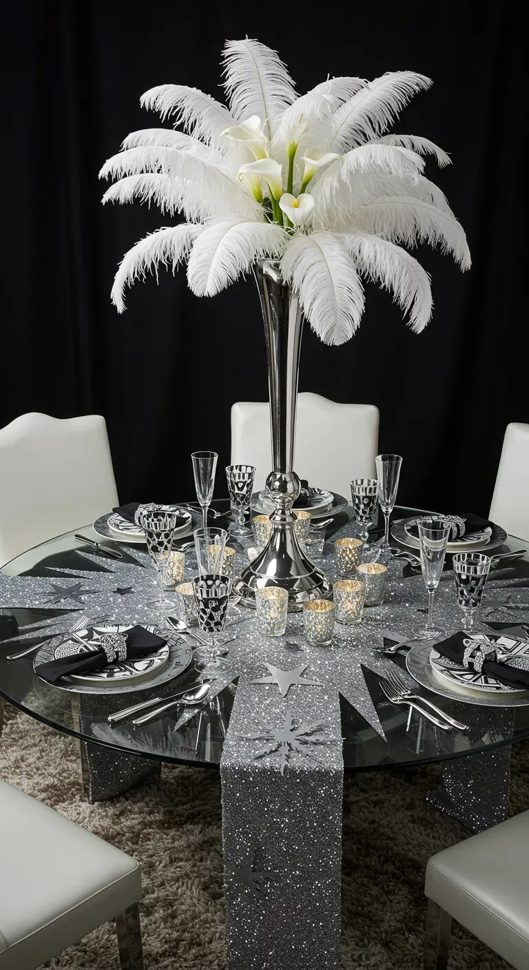 Table ronde avec centre de table en plumes blanches et chemin de table argenté à paillettes.
