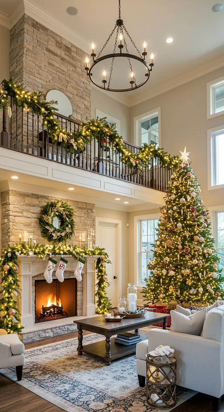 Grand salon avec mezzanine dont les rambardes sont décorées de guirlandes de Noël lumineuses.