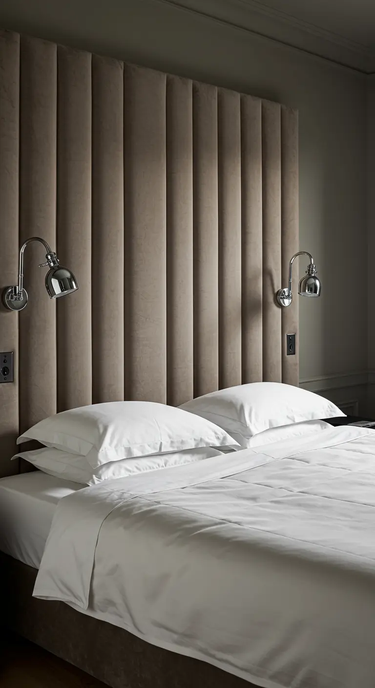 Tête de lit très haute à rayures verticales en velours taupe.