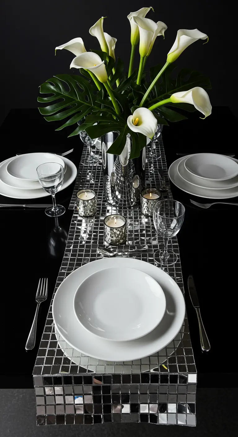Table de fête avec chemin de table en miroirs, vaisselle blanche et arums blancs.