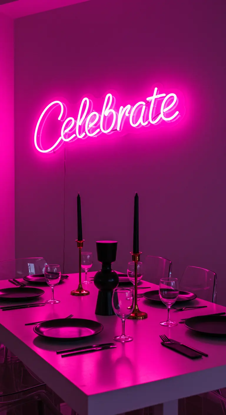 Table de fête moderne baignée dans la lumière rose d'un néon 