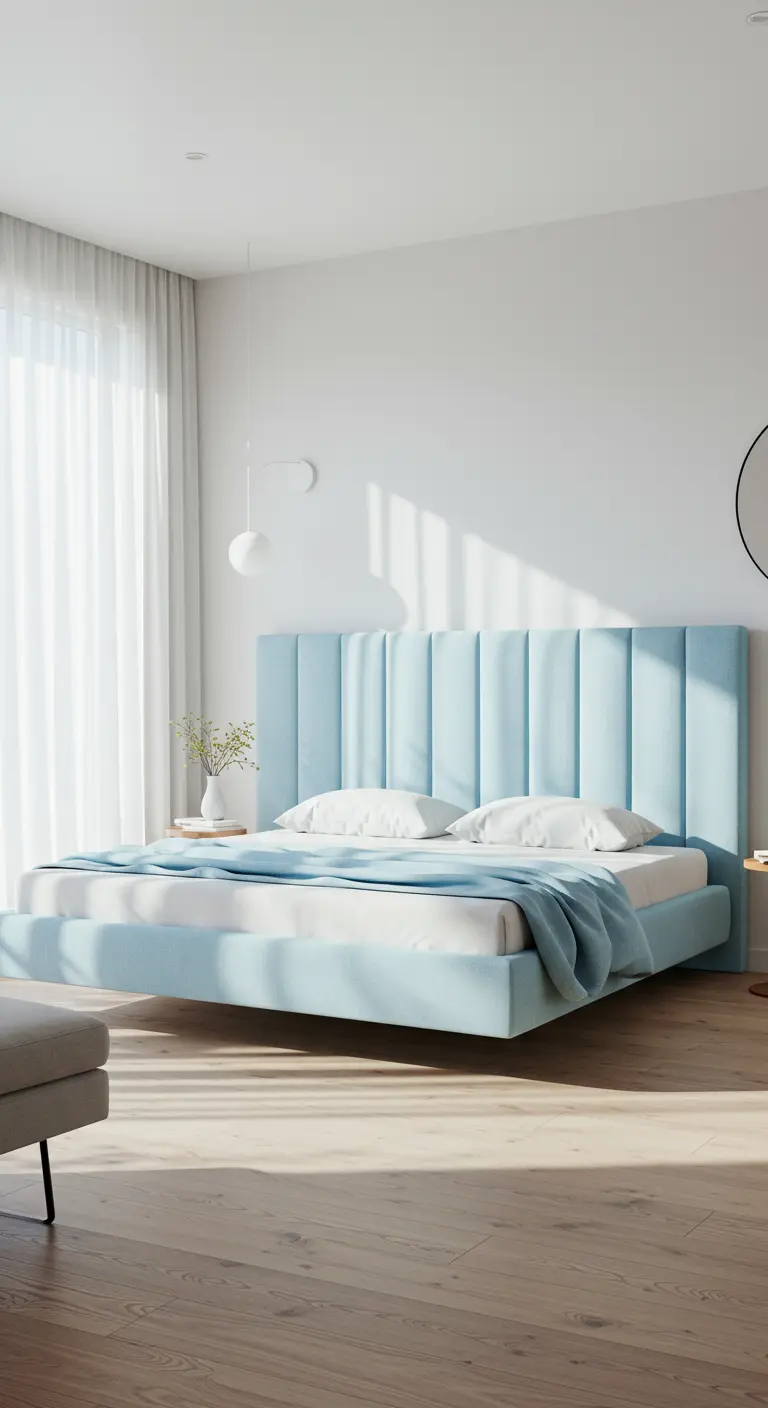 Lit flottant avec une tête de lit rembourrée bleu ciel dans une chambre minimaliste.