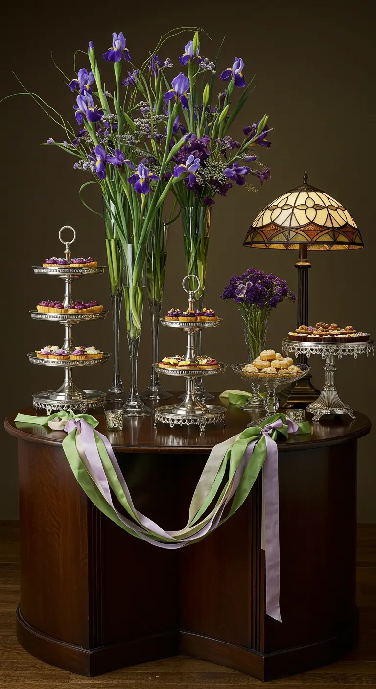 Buffet de style Art Nouveau avec de grands iris, des présentoirs en argent et une lampe Tiffany.