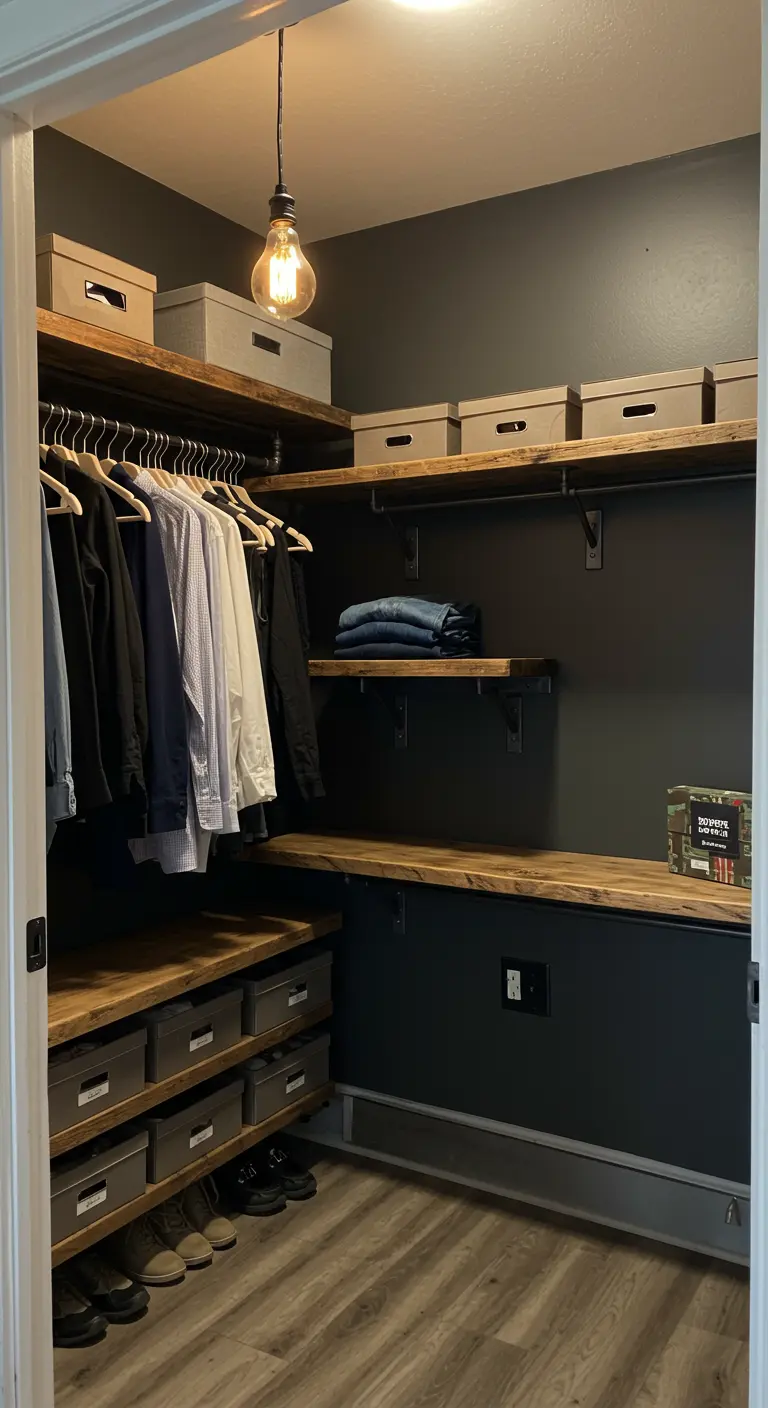 Placard sombre avec étagères en bois et tringles en tuyaux industriels.