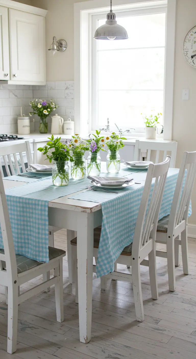 Table de cuisine avec nappe à carreaux bleus et blancs, et fleurs sauvages dans des bocaux en verre.
