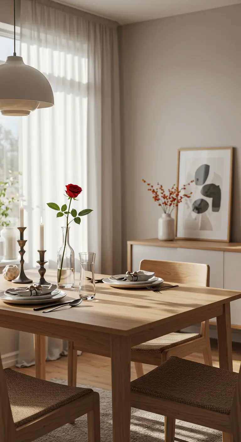 Table en bois clair avec une seule rose rouge dans un vase transparent.