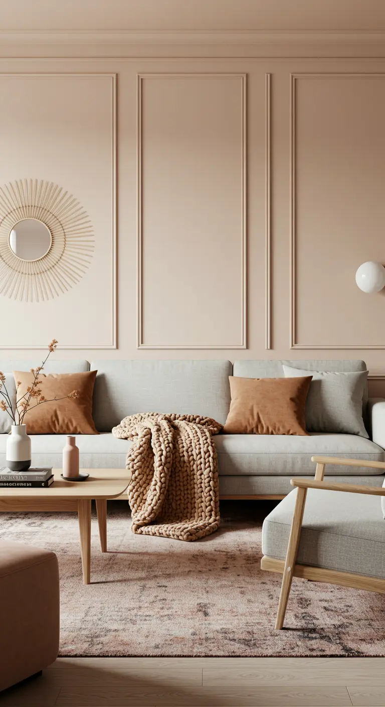 Salon avec mur beige rosé orné de moulures, canapé gris et plaid en grosse maille.