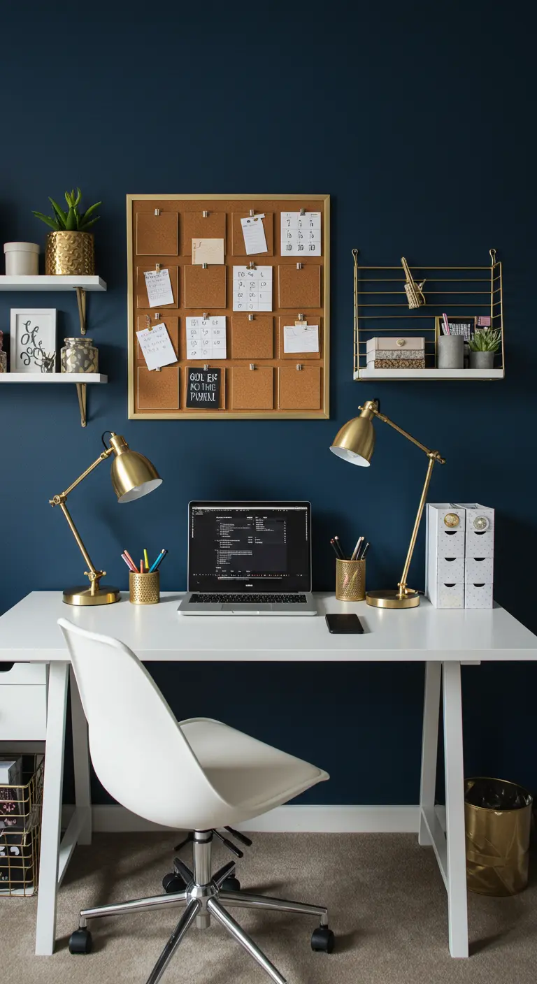 Bureau blanc devant un mur bleu nuit, avec des accessoires et des lampes dorés.