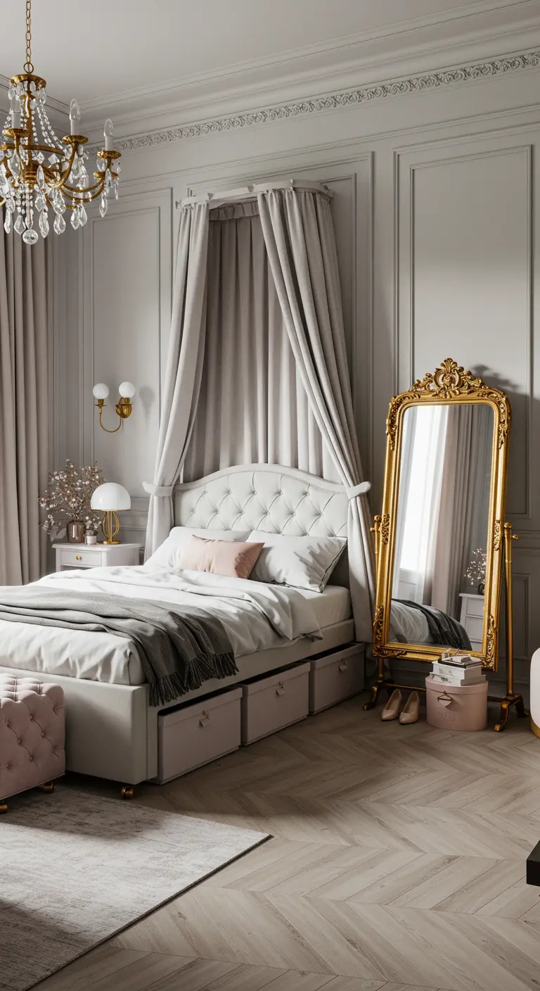 Chambre élégante avec un lit capitonné à tiroirs, un baldaquin et un grand miroir doré.