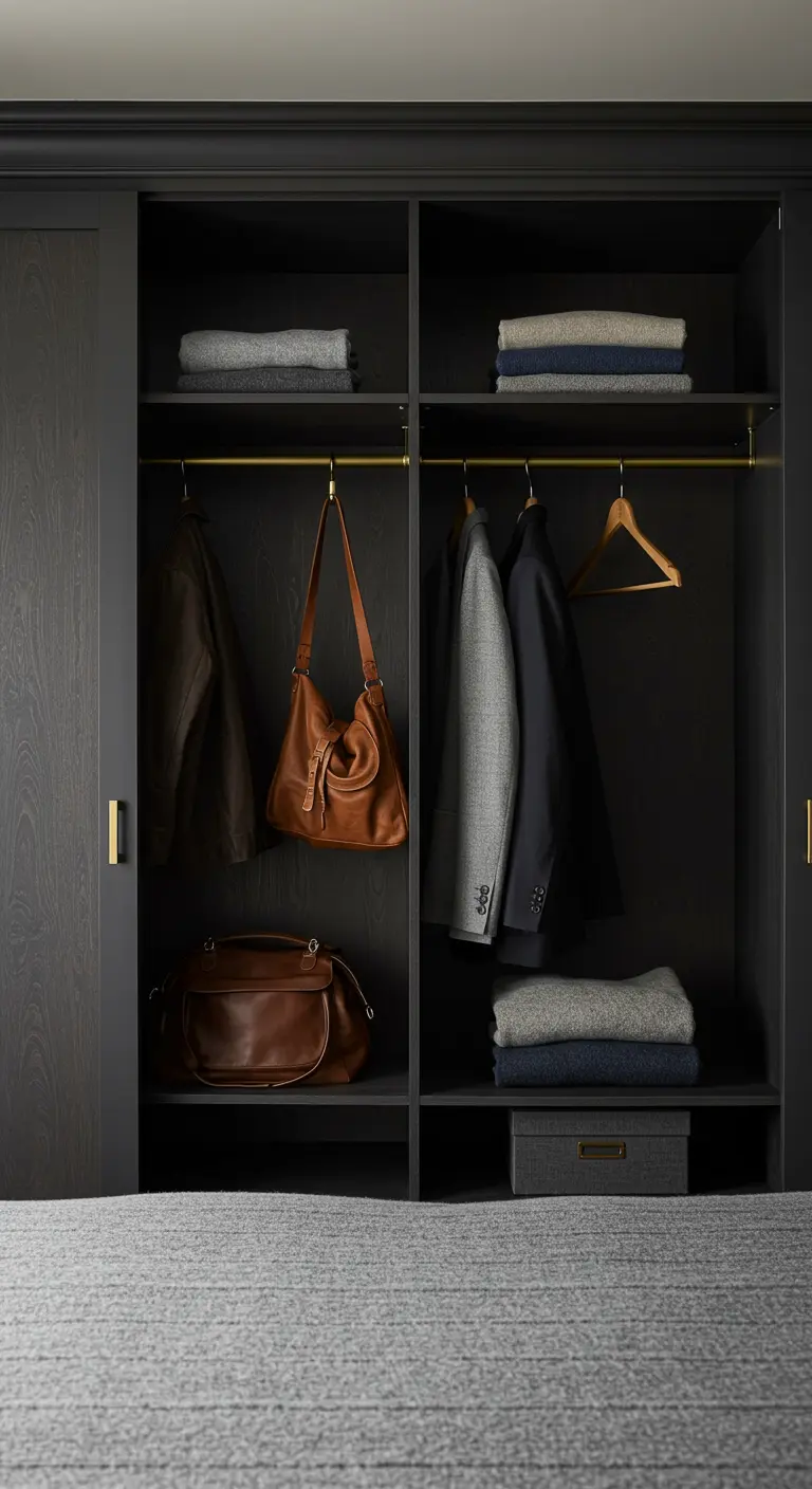 Placard ouvert en bois teinté noir avec des tringles en laiton et des vêtements bien rangés.