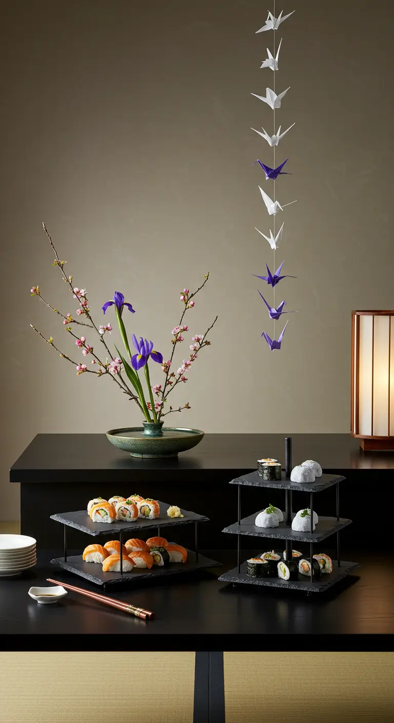 Buffet japonais avec sushis sur ardoise, composition d'ikebana et guirlande d'origami.