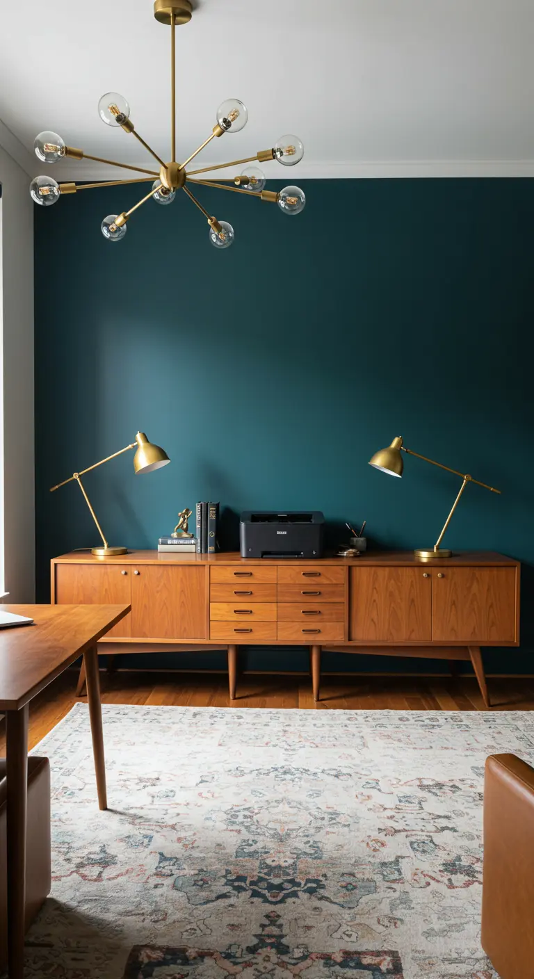 Bureau partagé de style Mid-Century avec un mur bleu canard, un buffet en bois et des lampes en laiton.