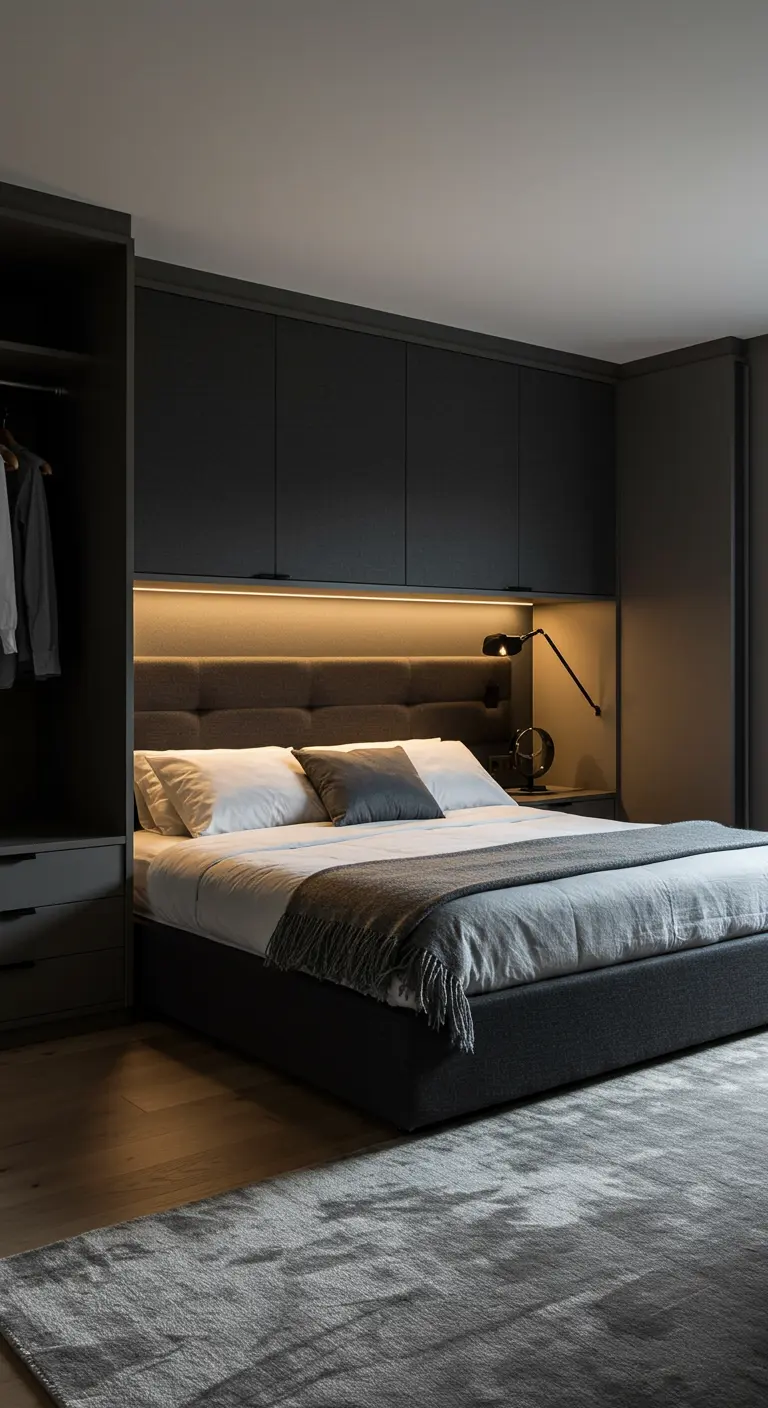 Chambre moderne et sombre avec des murs et placards gris, et une tête de lit rembourrée éclairée.