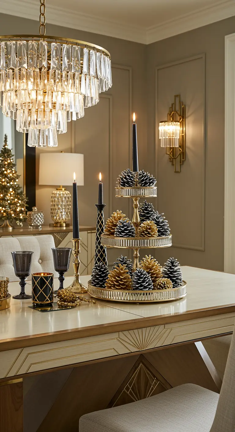 Serviteur à gâteaux utilisé comme centre de table avec pommes de pin noires et dorées.