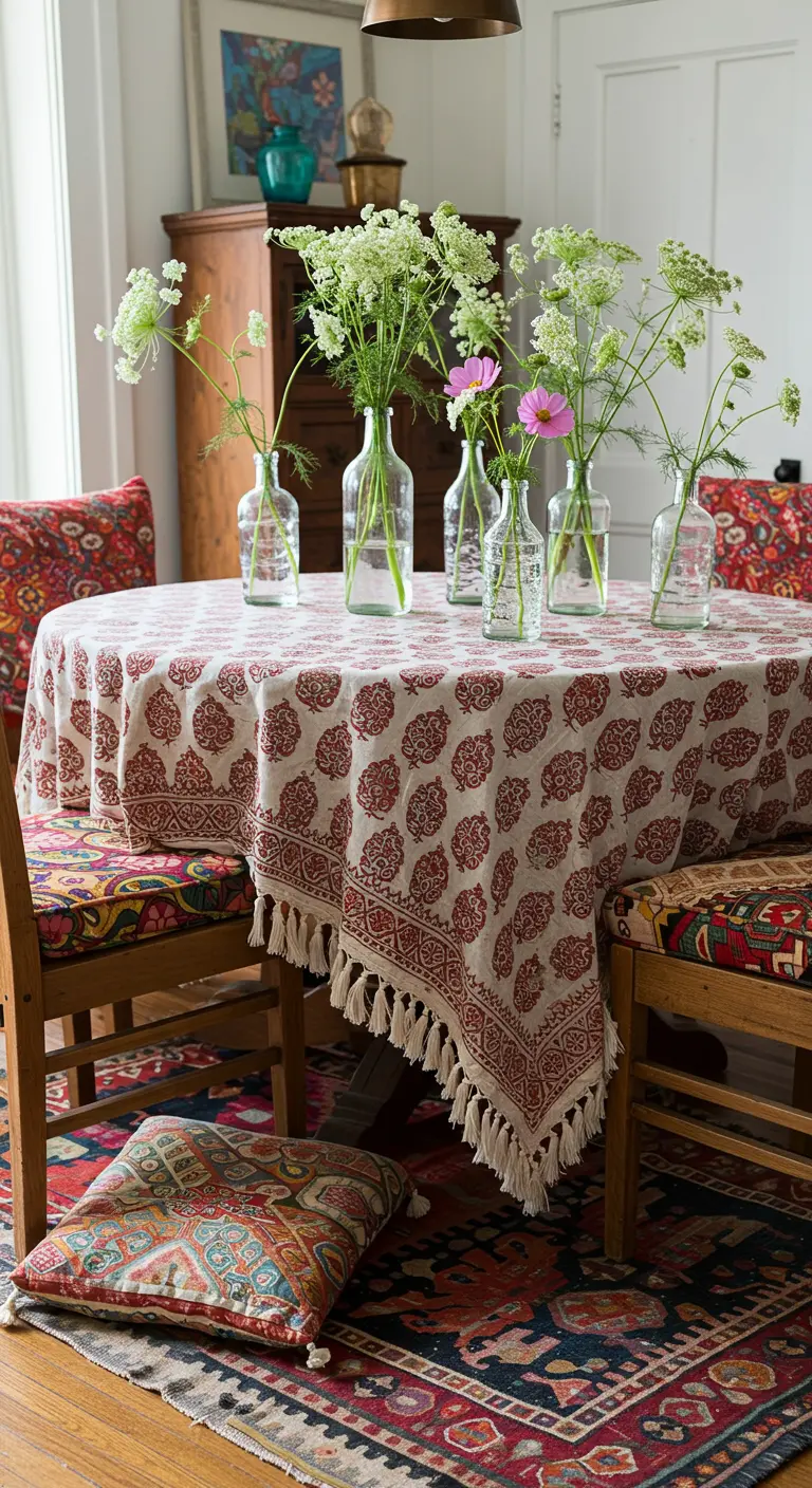 Table de brunch bohème avec une nappe à motifs, des chaises en bois et des coussins colorés.