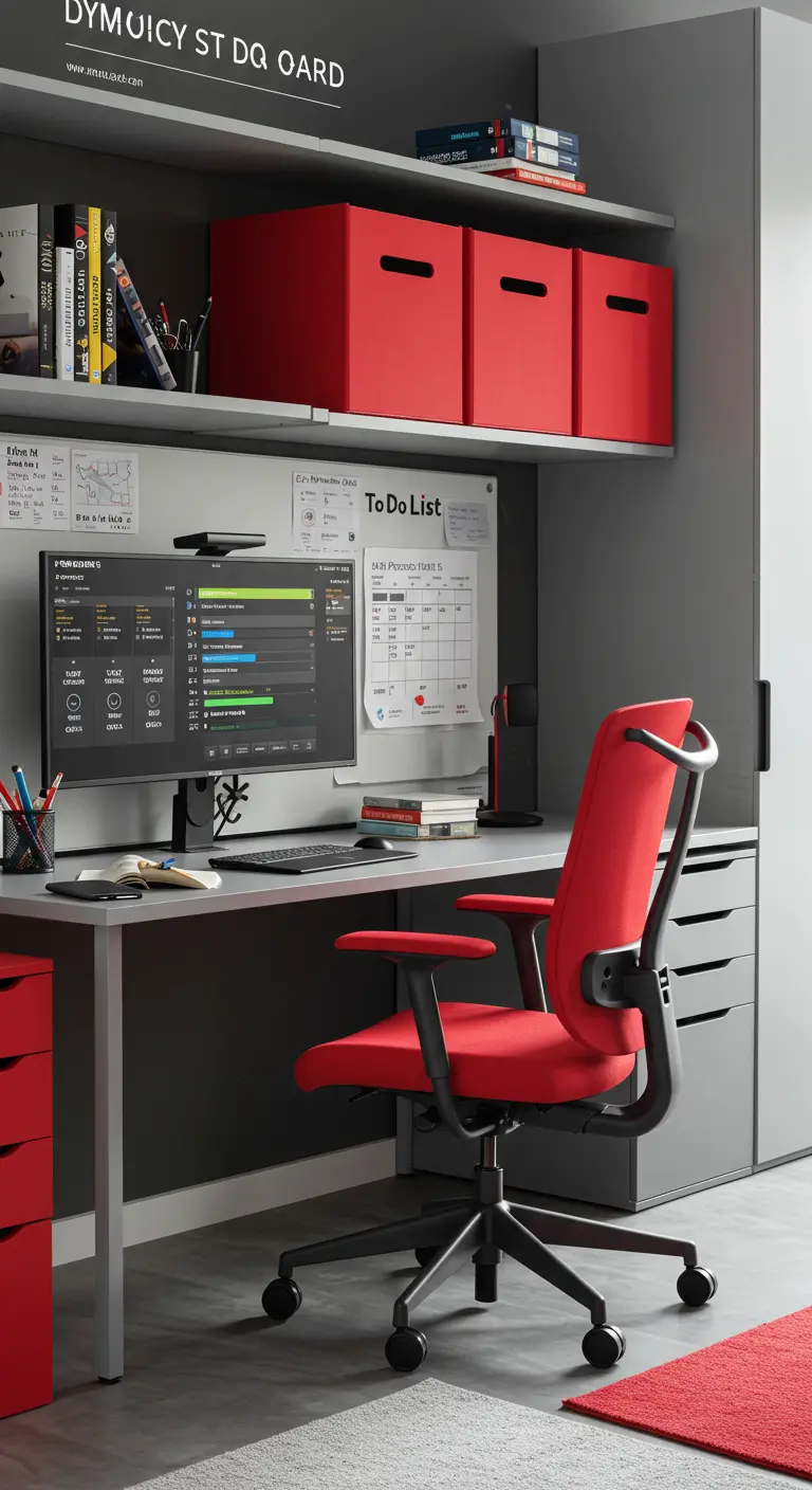 Bureau moderne gris avec des touches de rouge vif sur la chaise et les boîtes de rangement.