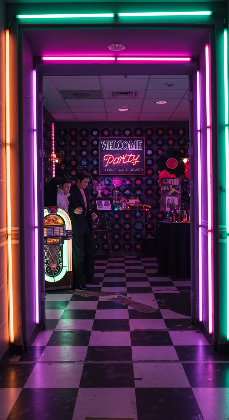Entrée d'une fête encadrée de néons colorés, menant à un mur de vinyles.
