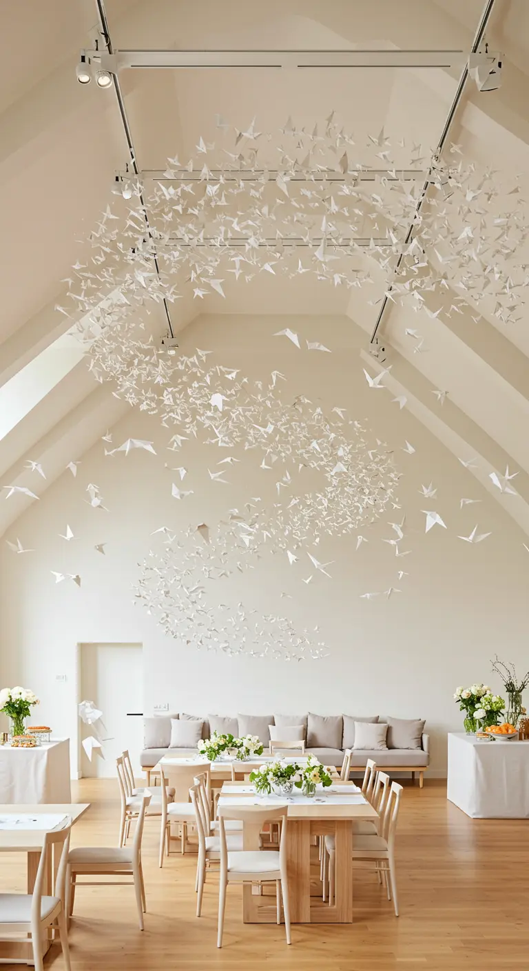 Une installation de centaines d'oiseaux en origami blanc suspendus dans une pièce haute.
