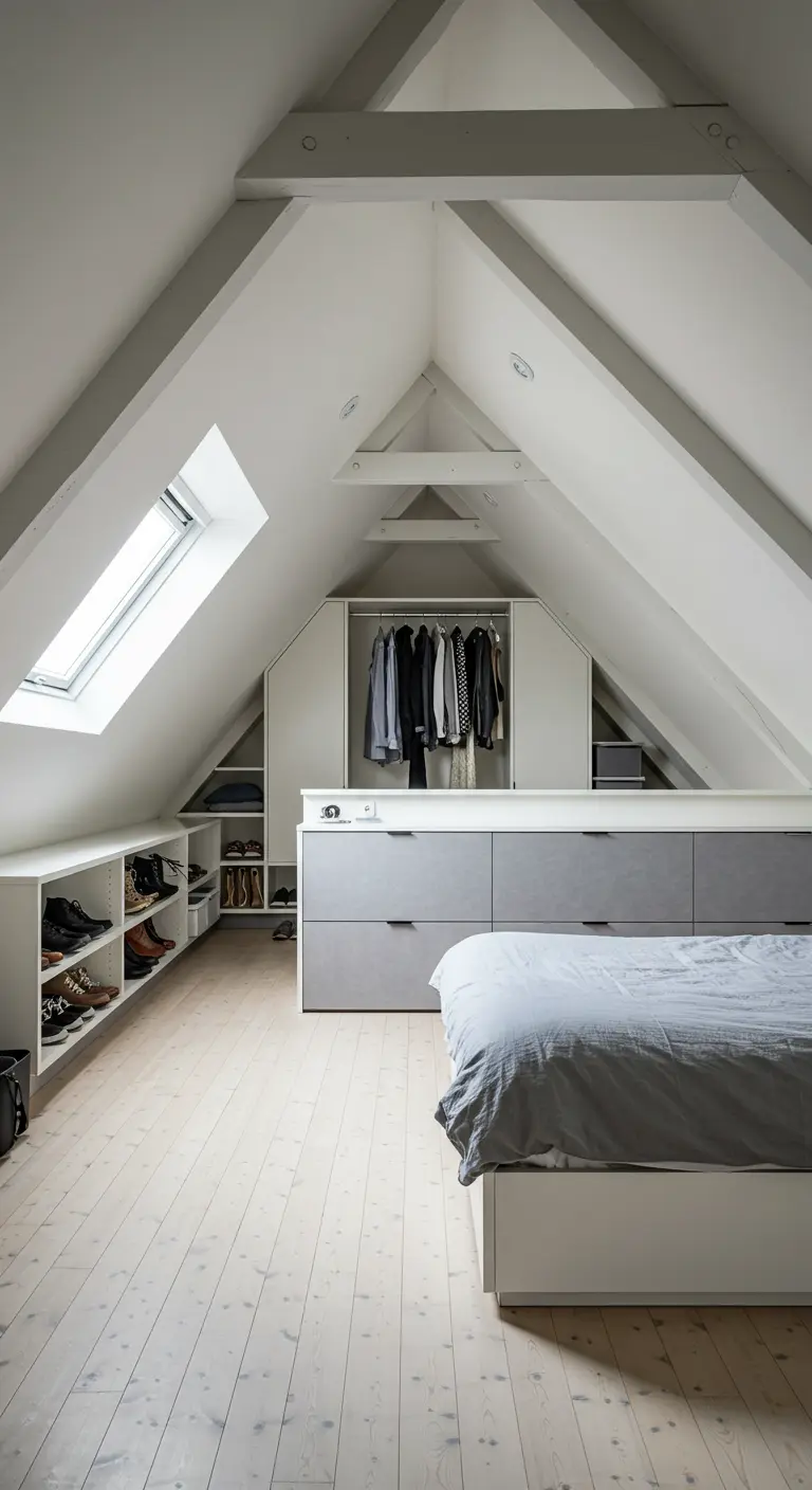 Chambre sous comble où le dressing blanc et gris sert de tête de lit.