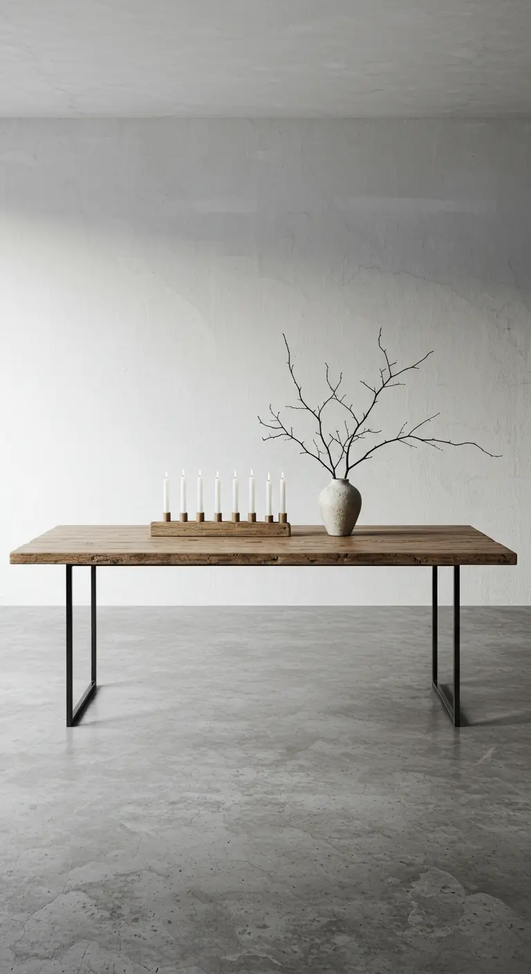 Table en bois minimaliste sur un sol en béton, avec une branche nue et un alignement de bougies.