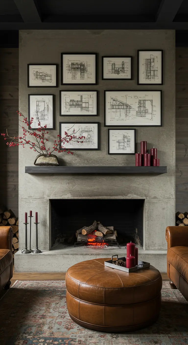 Cheminée moderne en béton avec des plans d'architecte encadrés et un décor minimaliste rouge.