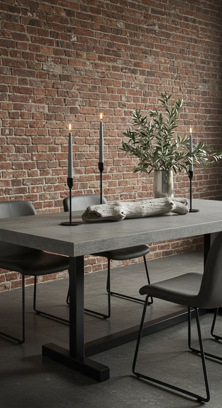 Centre de table industriel sur table en béton avec bois flotté et bougies grises.
