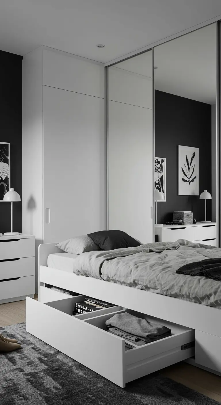 Chambre minimaliste blanche et noire avec un lit à tiroirs intégrés et une grande armoire à portes miroir.