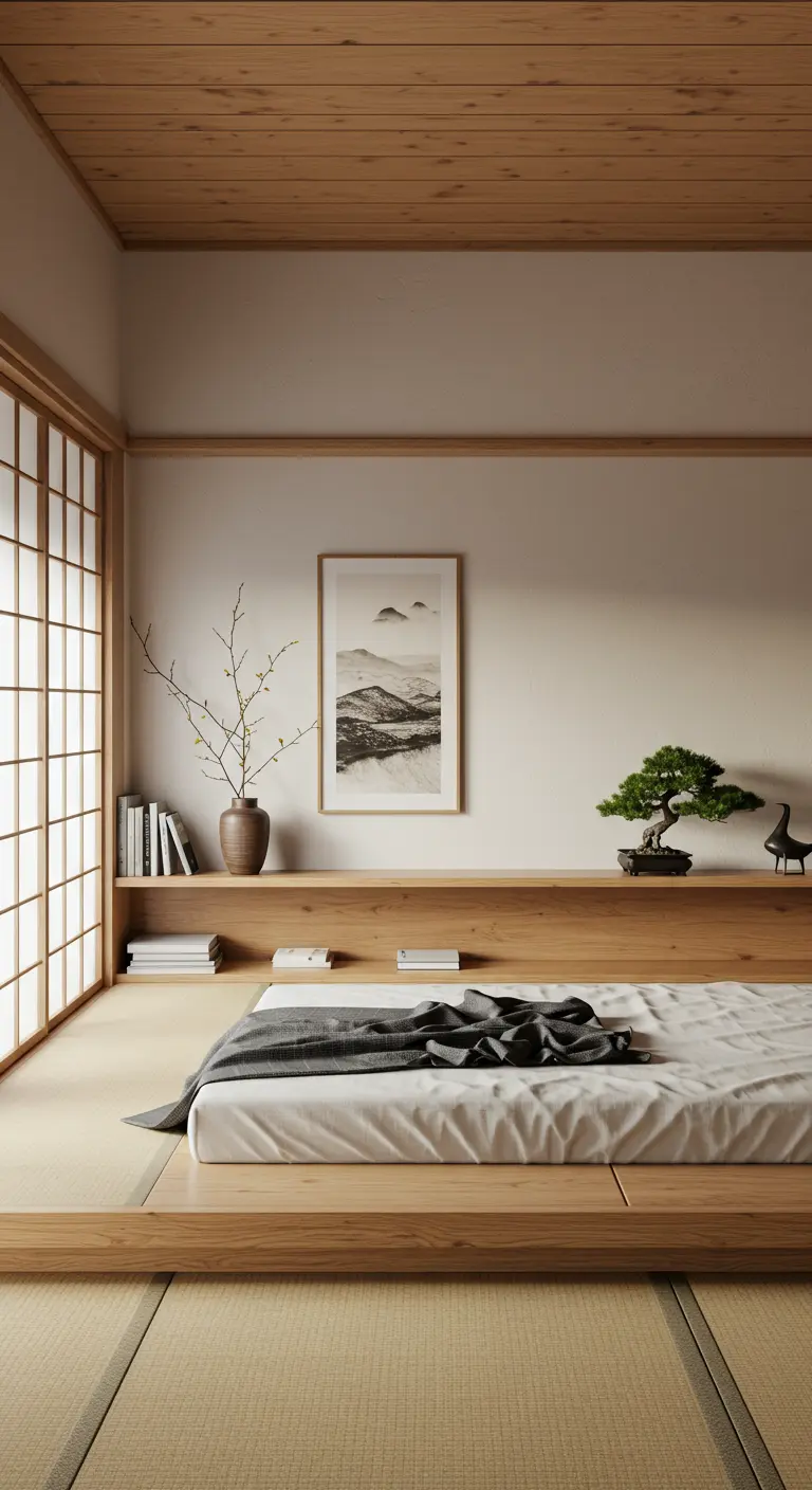 Chambre de style Japandi avec un lit bas sur une plateforme en bois qui se prolonge en étagère.
