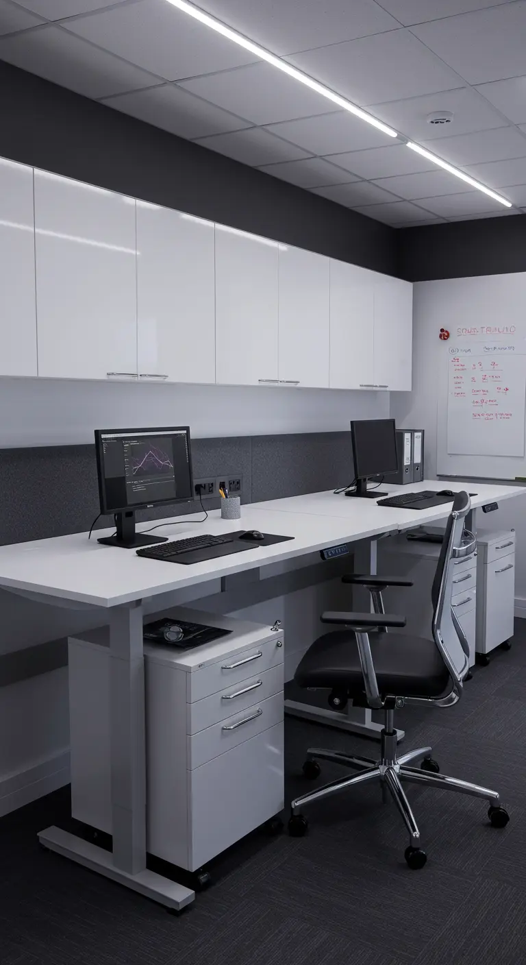 Espace de bureau moderne et ergonomique avec deux postes de travail assis-debout et éclairage linéaire.