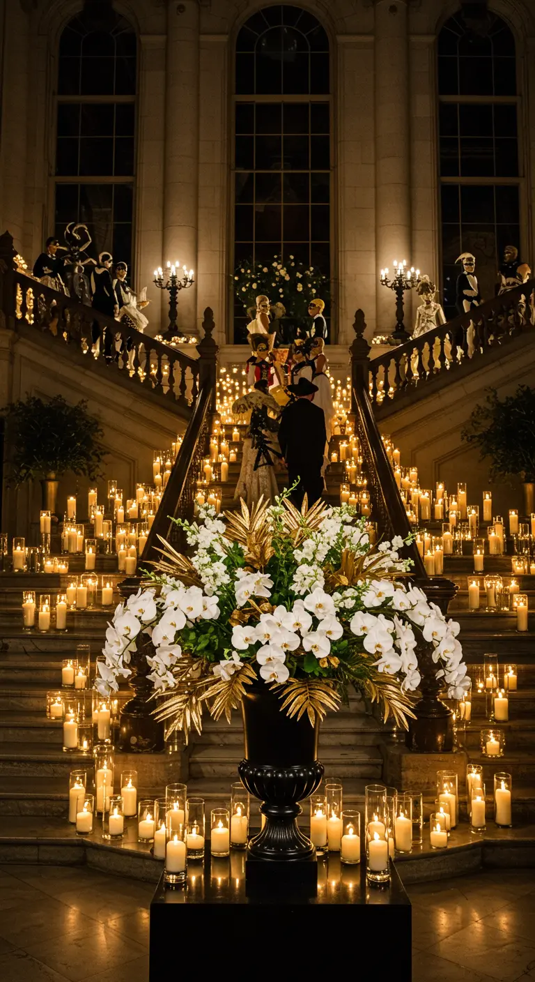 Grand escalier majestueux couvert de centaines de bougies, avec un grand vase de fleurs.