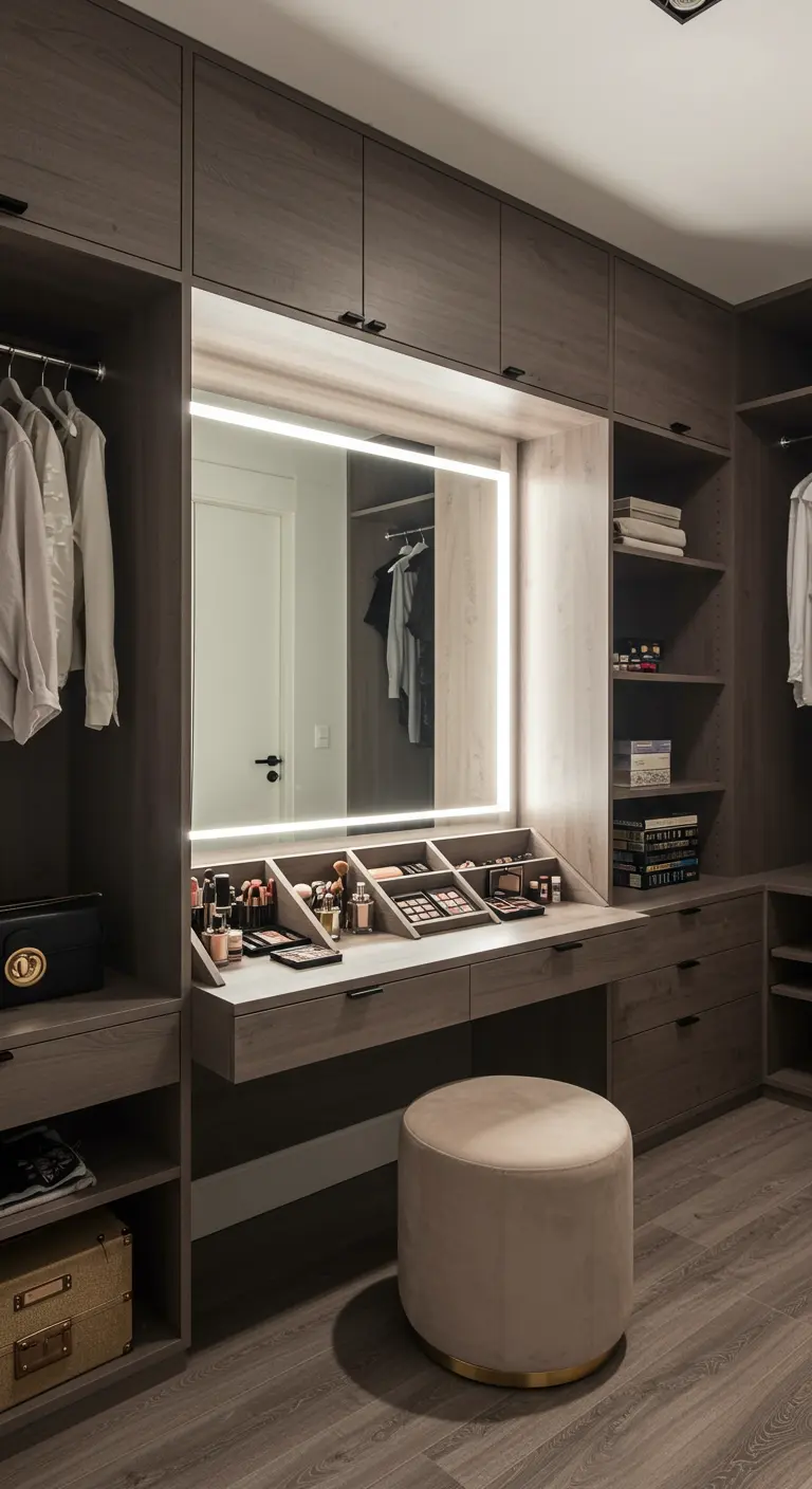 Coiffeuse intégrée dans un dressing en bois avec un grand miroir éclairé.