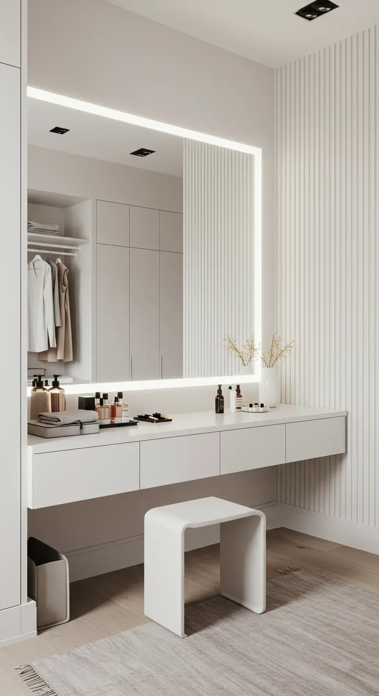 Coiffeuse flottante blanche avec miroir rétroéclairé dans une chambre épurée.