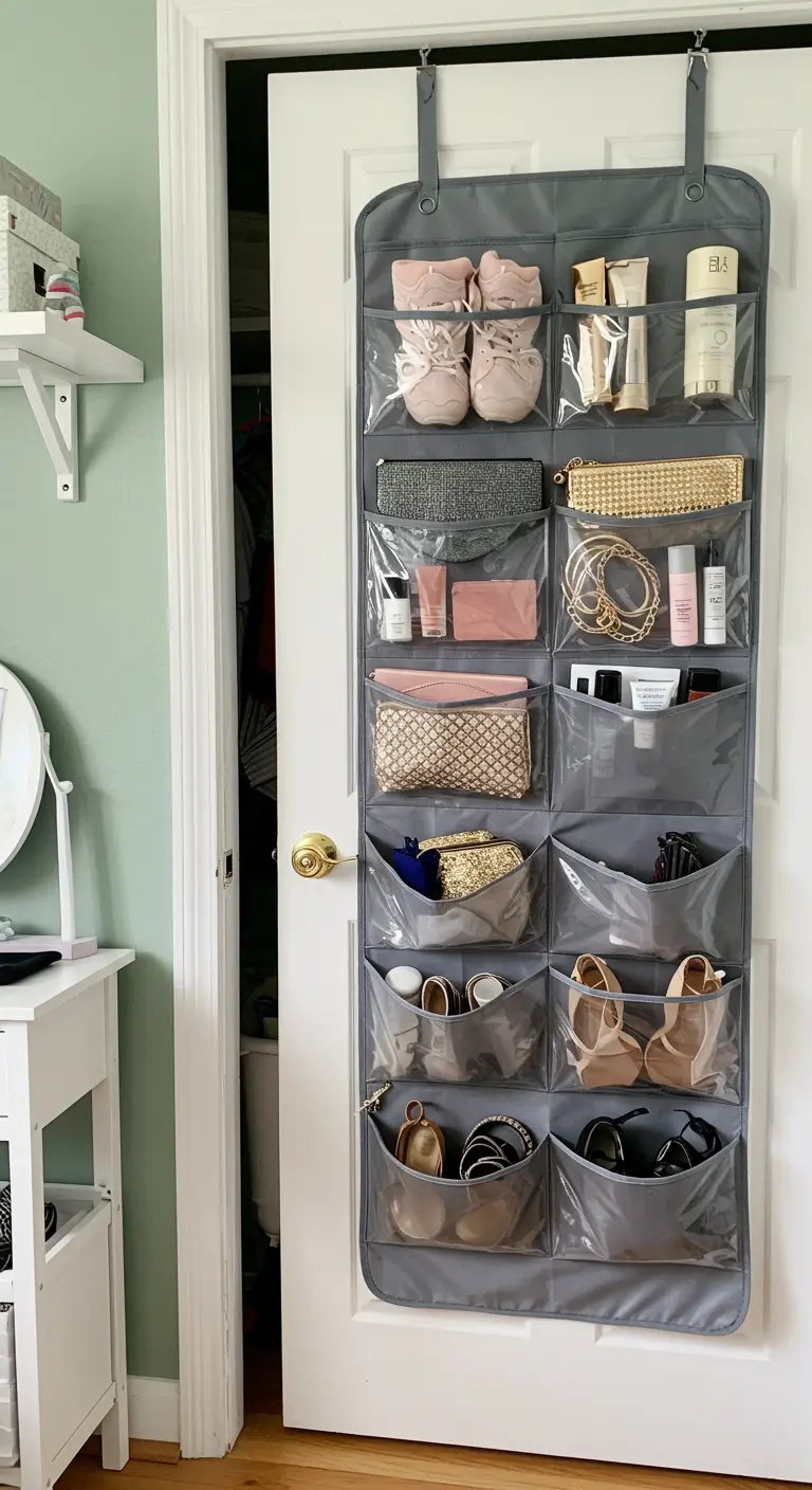 Un organisateur de porte gris avec des poches transparentes remplies de chaussures et d'accessoires.