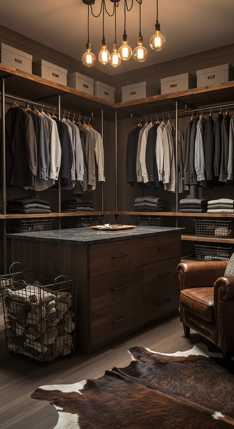 Dressing de style industriel avec penderies en tuyaux et mobilier en bois et cuir.