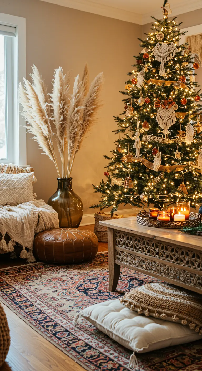 Salon d'inspiration bohème avec un sapin décoré en macramé et un bouquet de pampas.