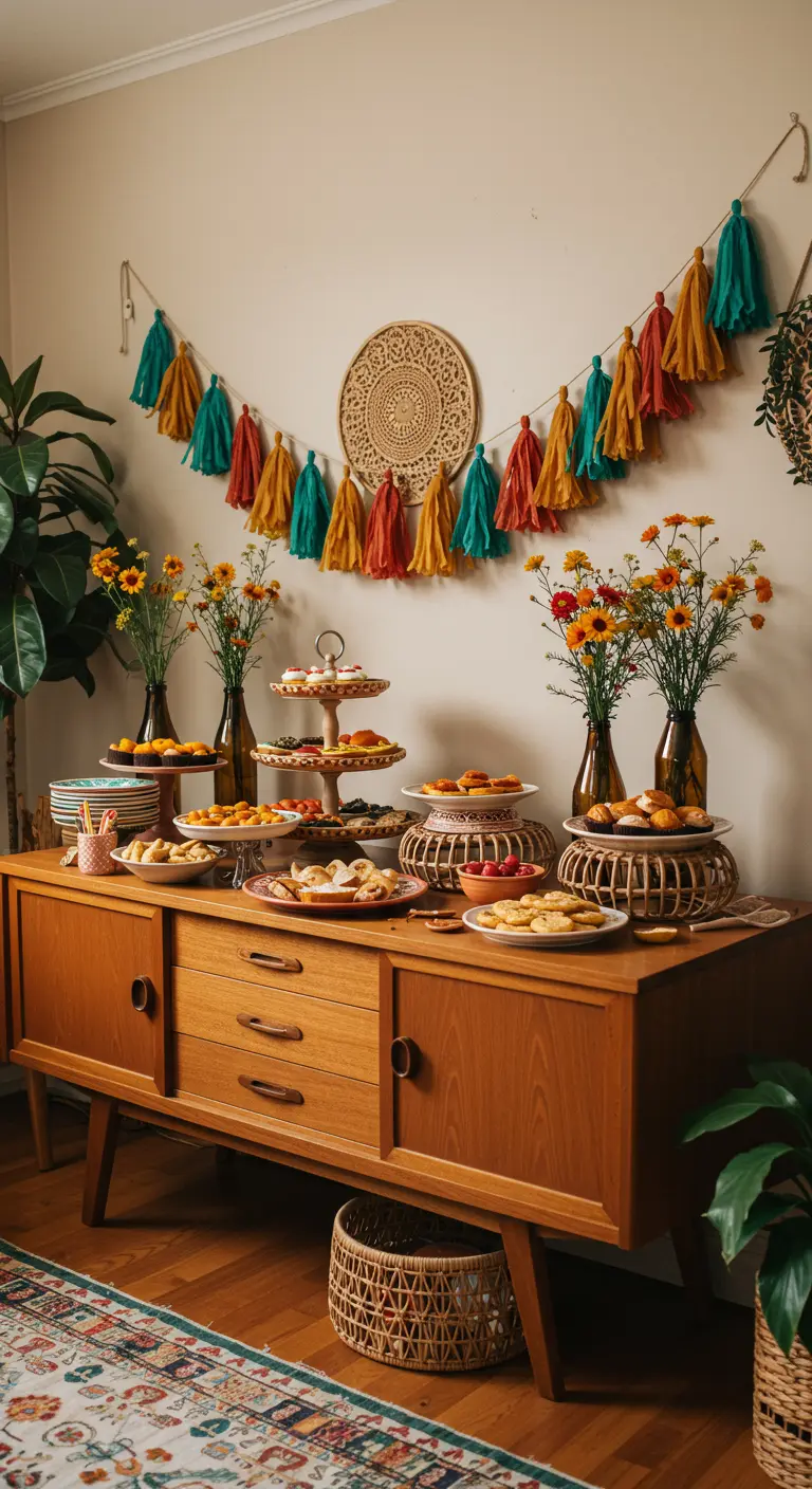 Buffet vintage en bois avec une guirlande de pompons colorés et des fleurs d'automne.