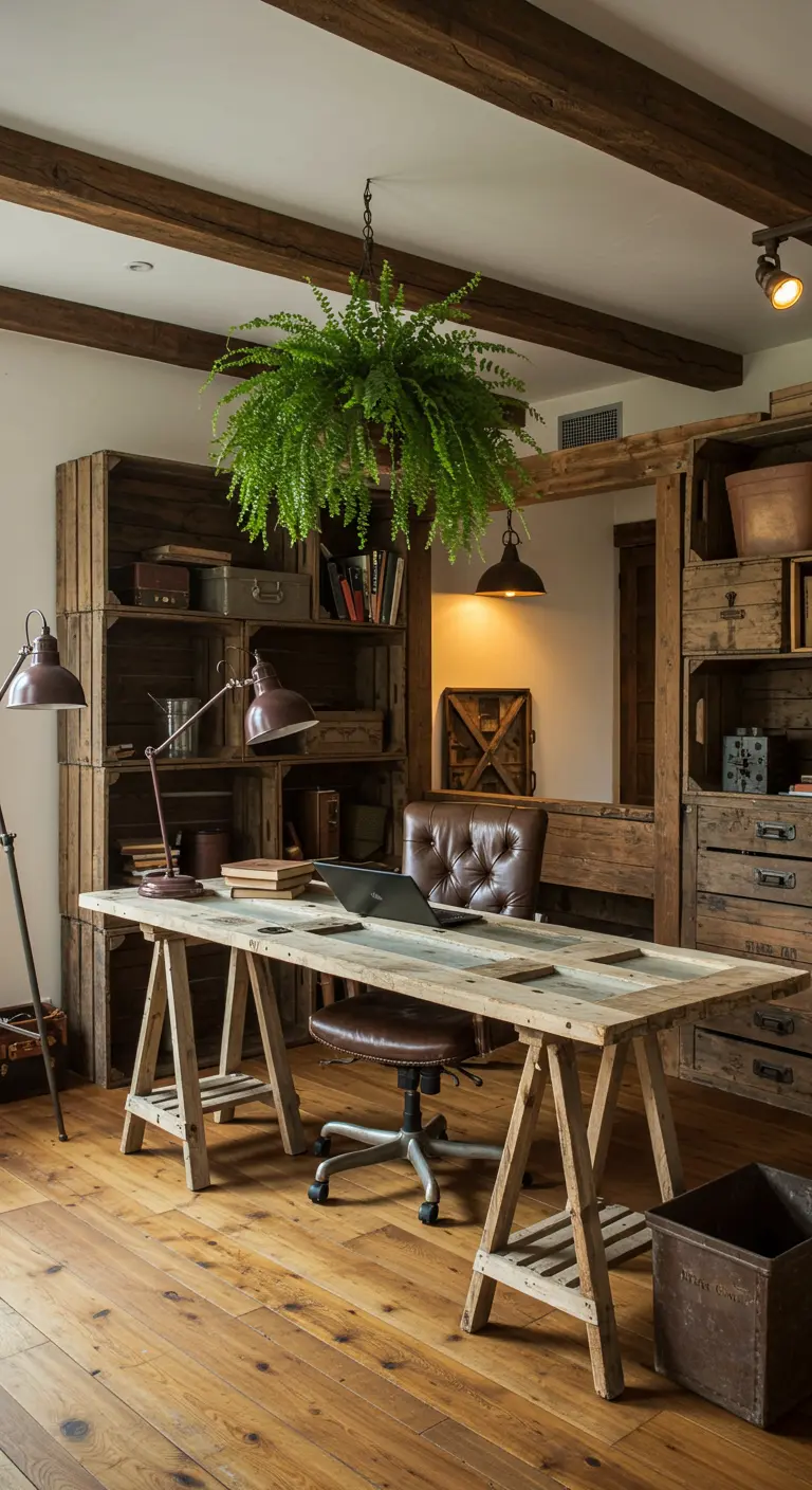 Bureau rustique sur tréteaux avec étagères faites de caisses en bois et une grande fougère suspendue.