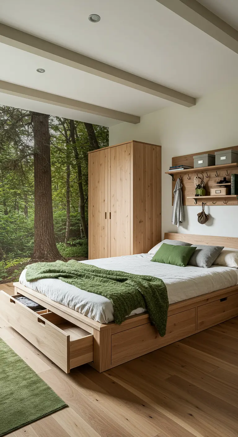 Lit plateforme en bois clair avec tiroirs, devant un mur décoré d'une photo de forêt.