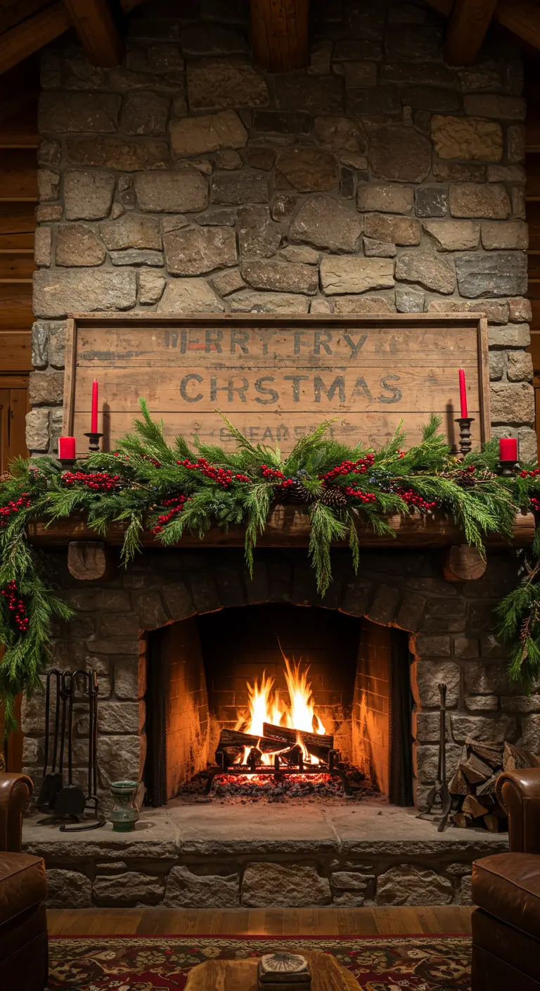 Cheminée de chalet en pierre avec une enseigne en bois 